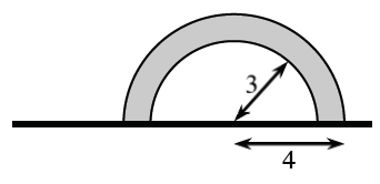 Horizontal segment, with 2 concentric semicircles with the diameters on the right 2 thirds of the segment, region between semicircles is shaded, radius of smaller semicircle is 3, radius of larger semicircle is 4.